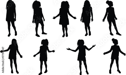 Children silhouettes in standing poses, diverse hairstyles, clothing outlines, body language, posture study, childhood motion, human figure, character design, education, activity