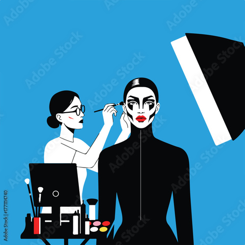 Stylized illustration of a model being made up, makeup artist applying shadow under a spotlight