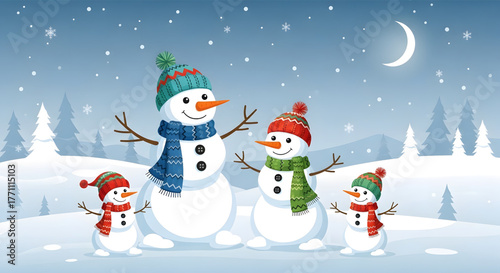 A cheerful family of four snowmen wearing colorful winter hats and scarves.