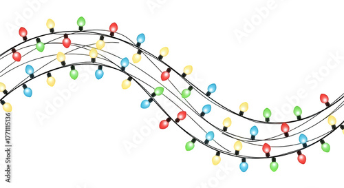 Wavy string of colorful Christmas fairy lights decoration.