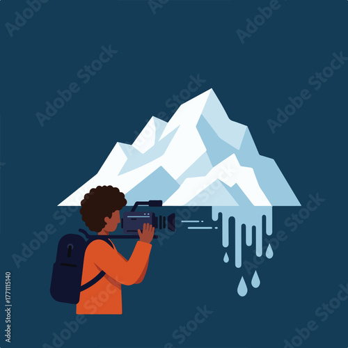 A person films an iceberg, symbolizing climate change. Ice drips, water drops. Mountains in background
