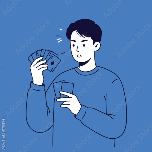 A person, astonished, looks at playing cards they are holding, against a blue background