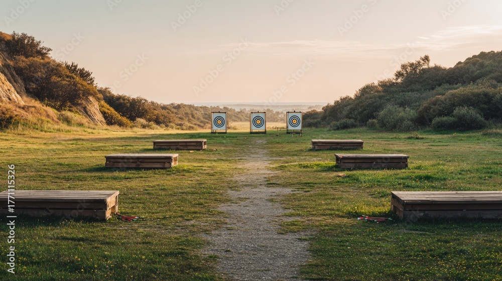 Fototapeta premium Serene Outdoor Archery Range with Target Bows on a Calm Evening Surrounded by Nature and Open Fields for Recreational Sports and Practice