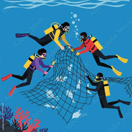 Divers in scuba gear work together to remove trash and a net from underwater environment