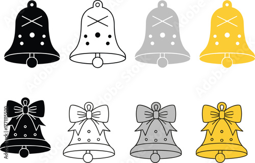 Christmas bell silhouette collection, holiday decoration vector set, festive ribbon bow design, seasonal ornament artwork, black gold flat cad illustration