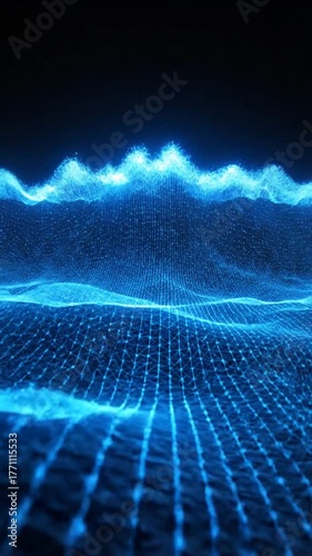 Abstract digital landscape of glowing blue waves against dark background