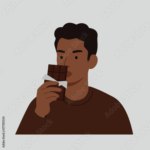 A digital illustration depicts a dark-skinned person eating a piece of chocolate, held in a partially unwrapped wrapper
