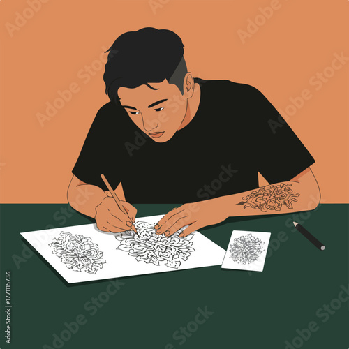 An illustrated person is carefully drawing floral designs. The person has a sleeve tattoo and black hair. They are using a pencil
