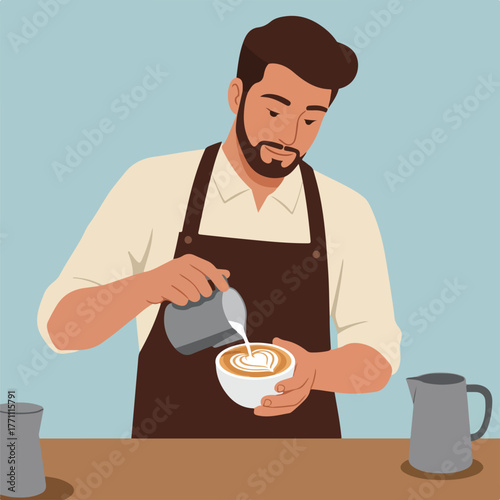 A barista, with apron, pours milk into a coffee cup, creating latte art. Additional pitchers on the counter