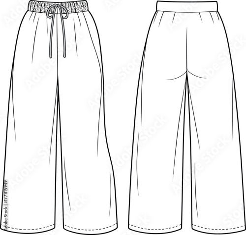 Wide leg pants fashion flat, technical garment sketch, elastic waistband trousers, drawstring waist illustration, apparel design template, clothing vector, unisex casual wear, pattern making reference