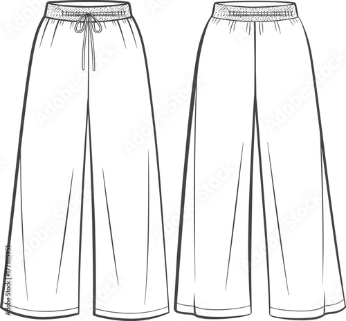 Wide leg pants fashion flat, technical drawing garment sketch, apparel design illustration, loose fit trousers template, drawstring waistband clothing vector, unisex casual wear design