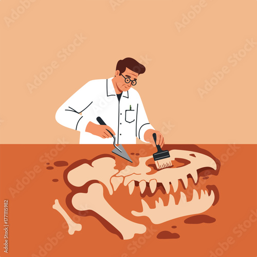 A scientist in a lab coat excavates a fossilized dinosaur skull with a trowel and brush, at a dig site