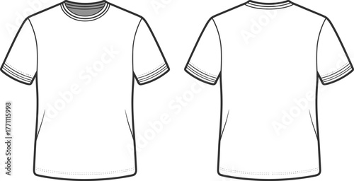 Plain white t shirt front back view, short sleeve round neck apparel template, blank fashion garment mockup, unisex clothing design outline, technical sketch illustration