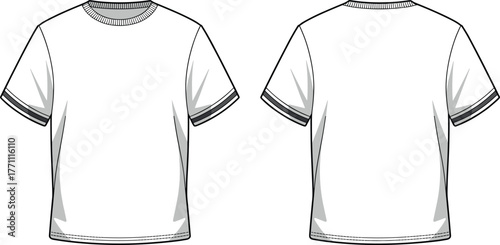 White short sleeve t shirt front back view, blue ribbed collar and cuffs, gray side panels, blank apparel template, fashion clothing design illustration
