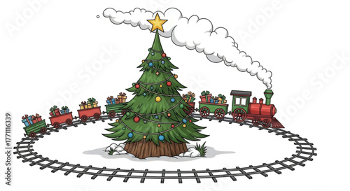 A festive toy train circles a beautifully decorated Christmas tree.