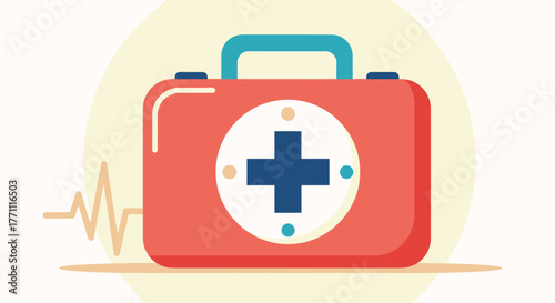 A red first aid kit with a blue handle and a white circle containing a blue cross, symbolizing medical care and emergency response