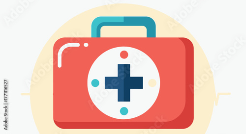 A red first aid kit with a blue handle and a white circle containing a blue cross, symbolizing medical care and emergency response