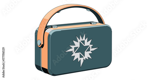 A vintagestyle portable radio with a dark teal body, orange accents, and a curved handle, featuring a starburst emblem on its front