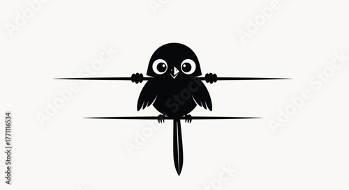 Minimalist black silhouette of a small bird with wide eyes, gripping a horizontal line with its feet