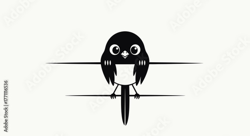 Black silhouette of a cute cartoon bird with large eyes perched on a horizontal line