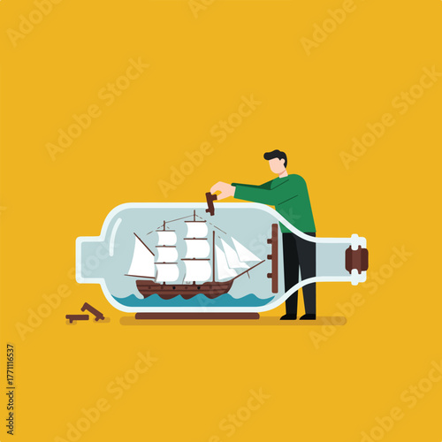 A man inserts the mast of a sailing ship into a bottle, miniature with ocean, illustration style