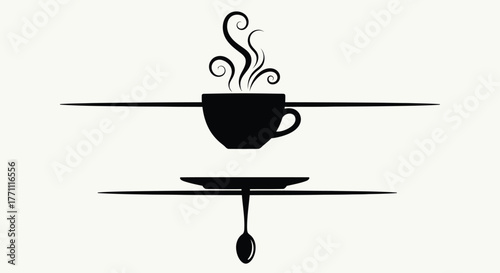 A black silhouette of a steaming coffee cup on a saucer with a spoon below