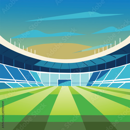 Empty Soccer Stadium with Green Field and Blue Seats