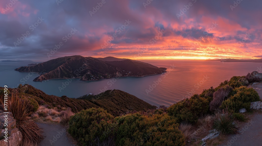 Obraz premium A stunning panoramic view of a coastal landscape at sunset, featuring vibrant colors reflecting on the water and rugged hills in the foreground.