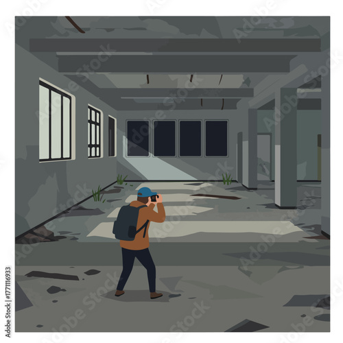 A person photographs an abandoned building, capturing shadows and decay. The interior is barren