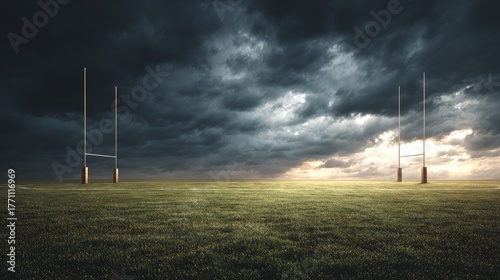 Dramatic Rugby Field Under Dark Stormy Sky with Lightning and Bright Horizon at Dusk