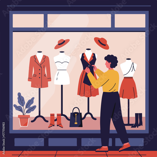 An illustration of a fashion designer adjusting a dress on a mannequin in a shop window