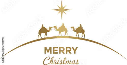 Christmas nativity illustration with three wise men, golden star Bethlehem, festive holiday design, religious silhouette artwork, decorative flat cad drawing