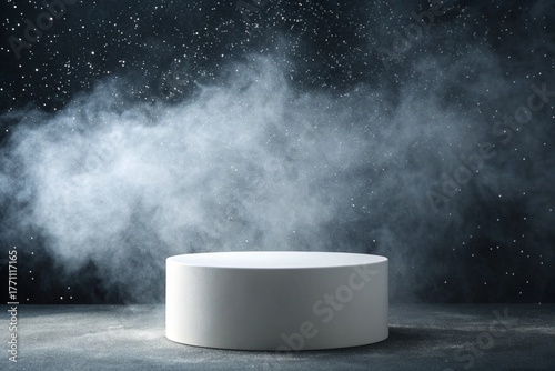 hite cylindrical podium on dark textured backgroud