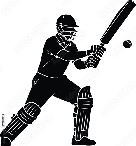 Silhouette of a cricket player batting in action