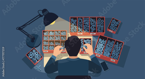 Person sorting fasteners in a workshop