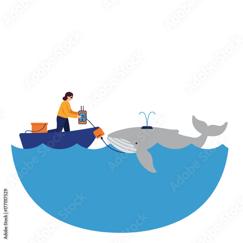 A woman on a boat is tagging a whale, deploying a tracking device, depicted with flat illustration style