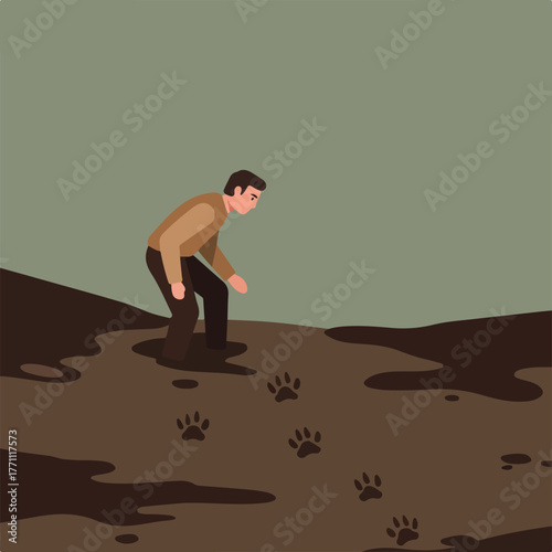 A man examines paw prints in mud. Simple illustration with muted colors