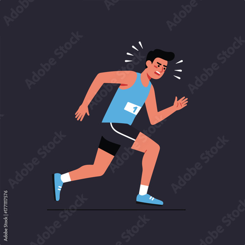 A runner, with bib 1, in blue and black athletic wear, strained expression, mid-sprint on a dark background