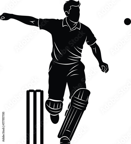 Silhouette of a cricket bowler in action with wickets and ball