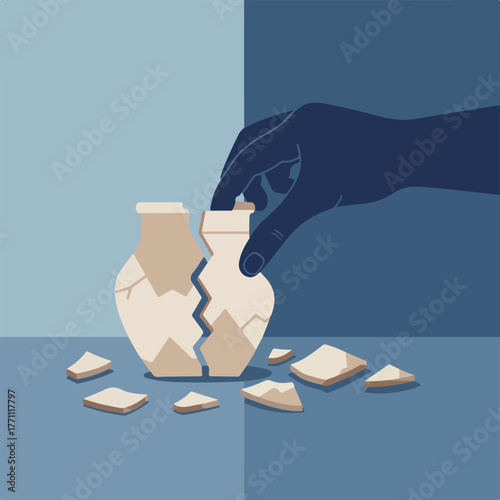 A hand holds a broken vase, surrounded by shards, in a split-color background
