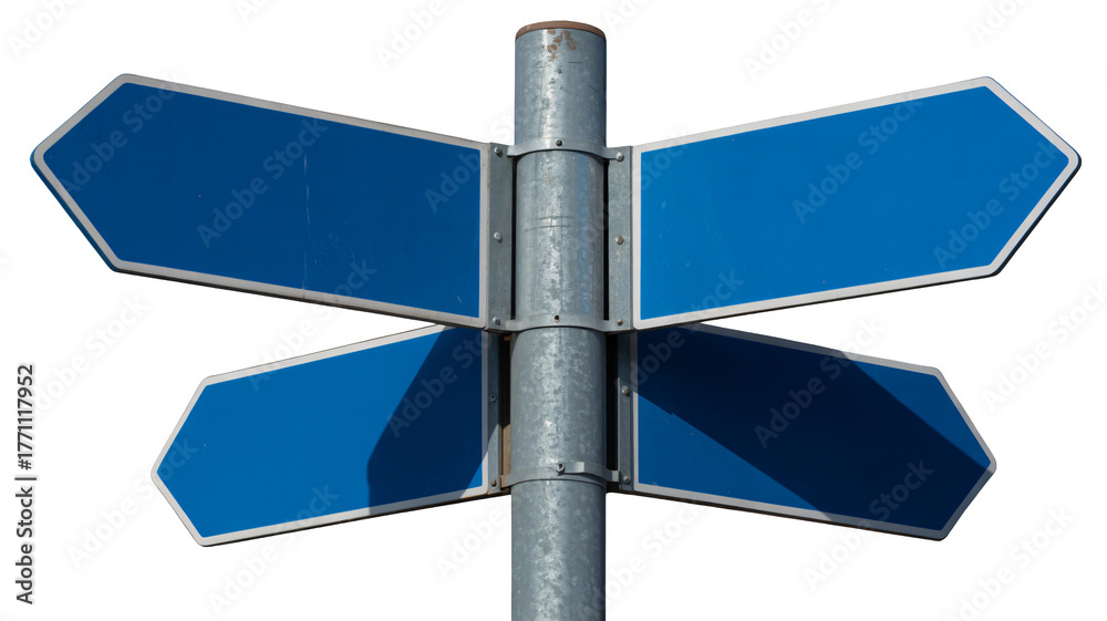 Obraz premium Blank blue directional signs point in multiple directions, offering choices