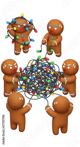 Funny gingerbread men characters struggling to untangle a large messy ball of Christmas lights.