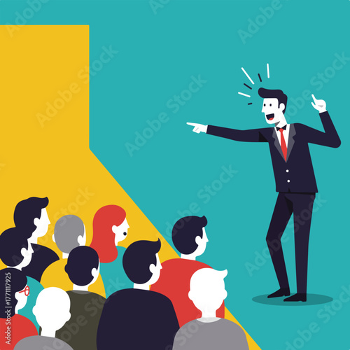A vibrant illustration depicts a presenter gesturing to an audience. The crowd faces the speaker. Background has blocks of colour