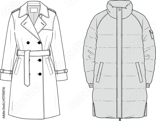 Coat, trench coat, parka, padded coat, winter coat, fashion outerwear, men’s coat, women’s coat, apparel design, garment illustration