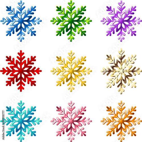 A vibrant collection of nine diverse, multi-colored metallic-style Christmas snowflakes, including blue, green, purple, red, yellow, gold, turquoise, pink, and orange, isolated on a clean white backgr