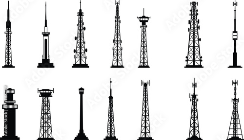Communication towers, broadcast antennas, observation towers, telecommunication masts, satellite dishes, signal transmission towers, wireless infrastructure, urban landmarks, industrial silhouettes, 