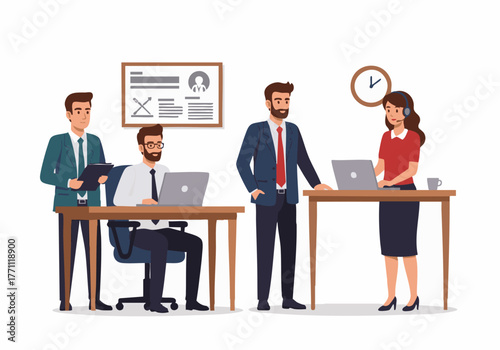 A team of office workers collaborating on projects, using laptops and discussing ideas in a modern workplace setting.