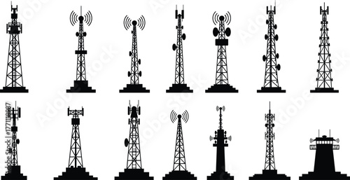 Communication towers, telecommunication masts, signal antennas, satellite dishes, broadcasting towers, mobile network infrastructure, wireless technology, radio towers, internet connectivity, digital 
