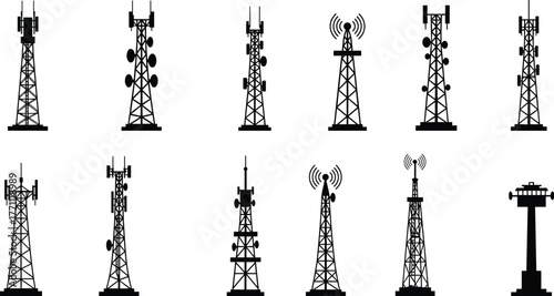 Communication towers, telecommunication masts, signal antennas, satellite dishes, broadcasting towers, mobile network infrastructure, wireless technology, radio towers, internet connectivity, digital 