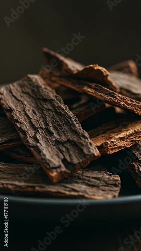 Cinematic Close Up Of Agarwood Chips In Dark Moody Lighting